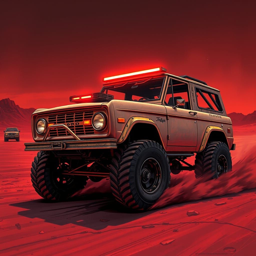 Cyberpunk Ford Bronco Speeds Across Alien Desert Landscape