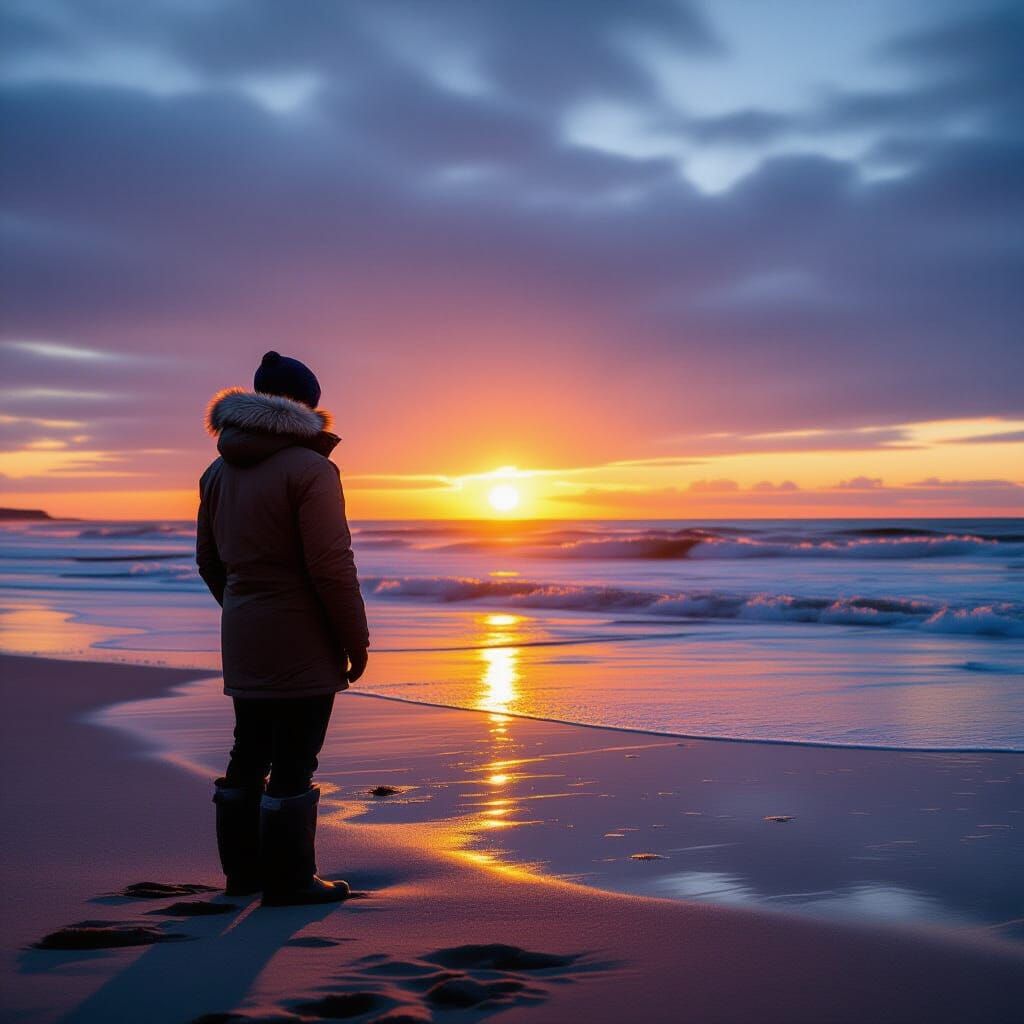 Lone Figure Gazing at Sunset on Windswept Beach