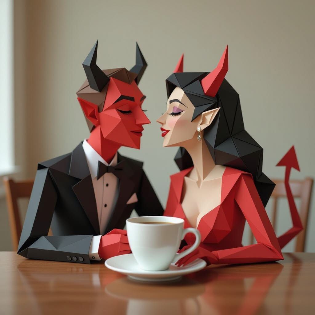 Devil Couple Kissing with Coffee in Burlesque Style