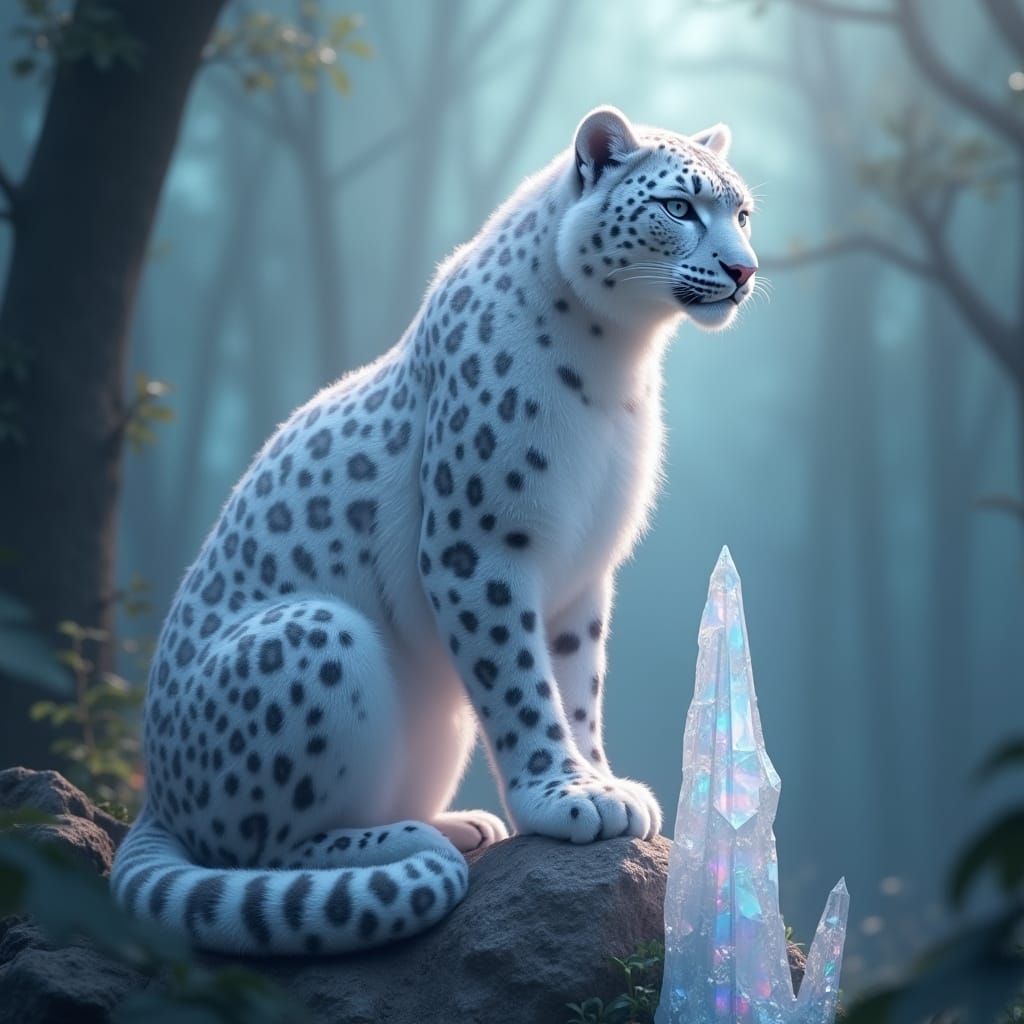 Opalescent Snow Leopard on Crystal Spire