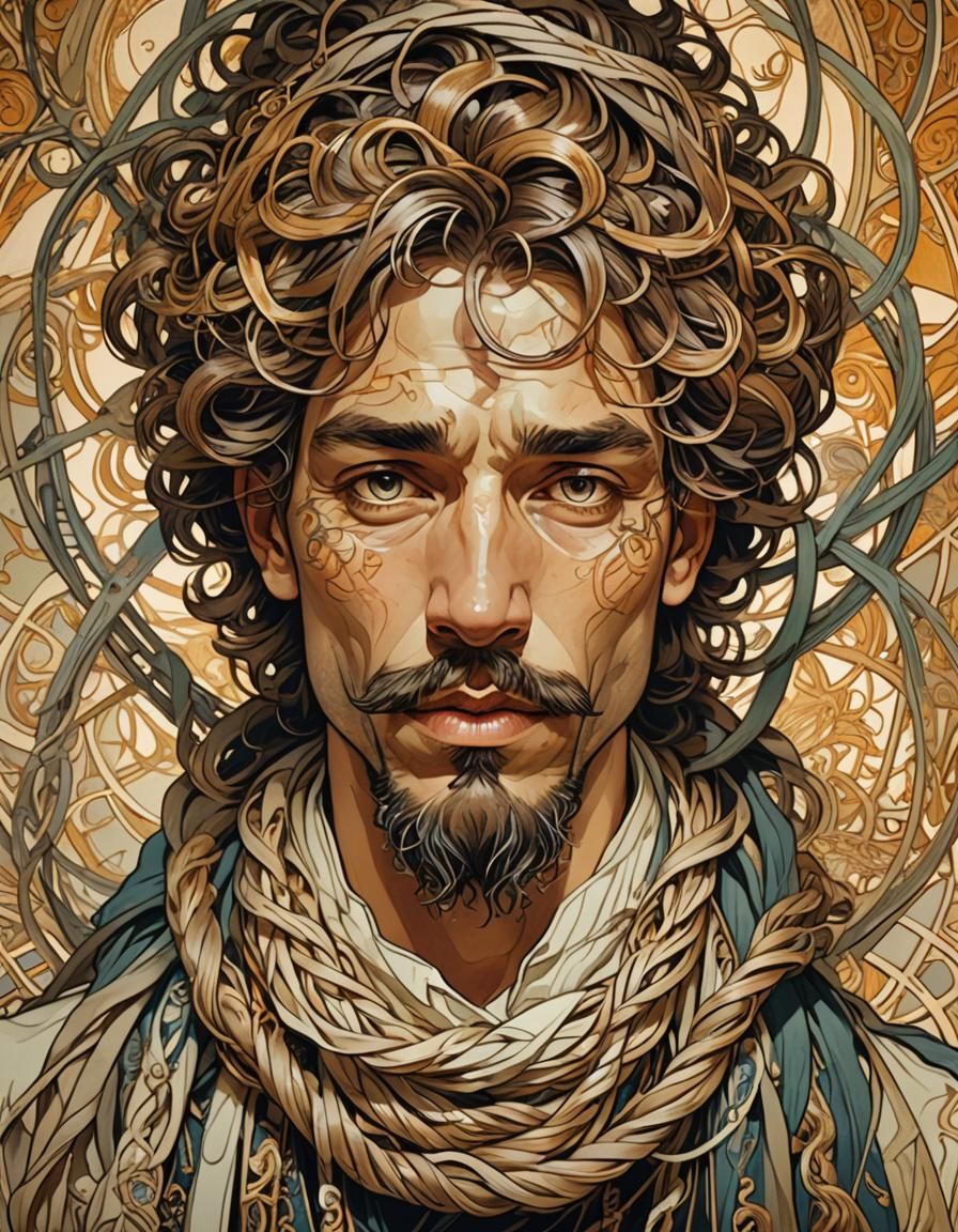 Art Nouveau Portrait of Hipster in Ropes