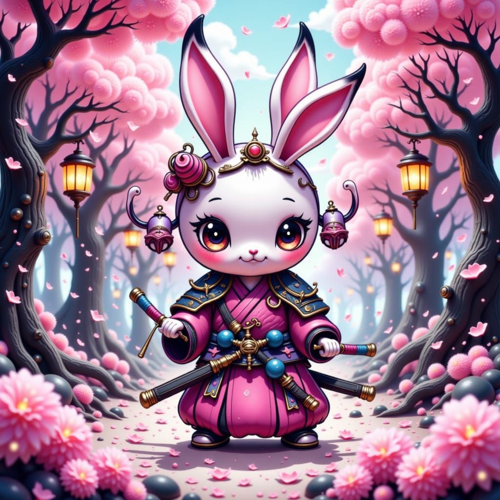 Cartoon Bunny Samurai in Fantasy Dojo, Anime Key Visual