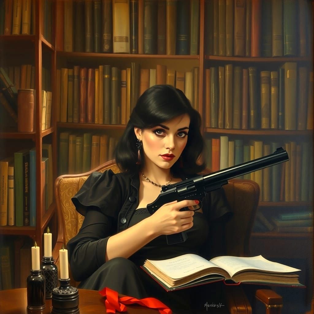 Goth Miss Scarlett in a Cozy Noir Library Setting