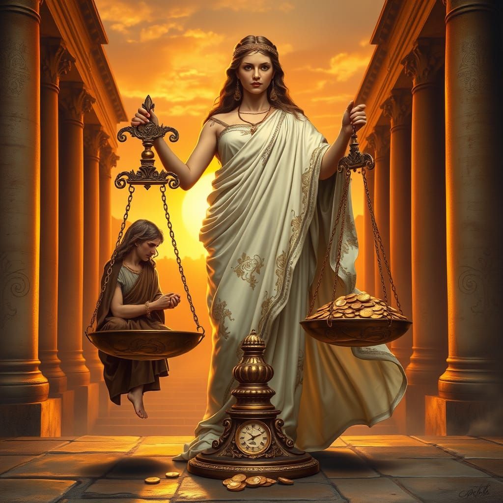 Roman Goddess of Justice Weighs Mortal Fates in Dramatic Sun...