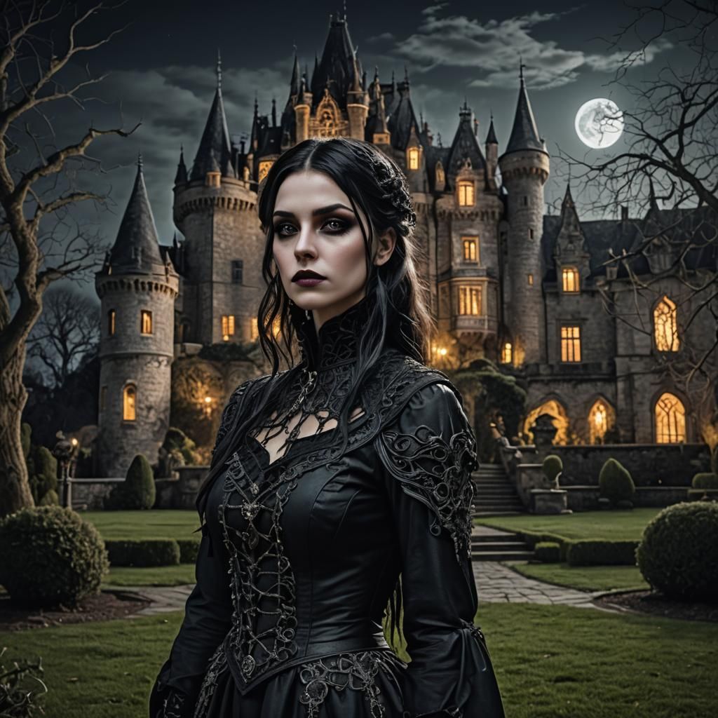 Gothic Enchantress in Moonlit Garden