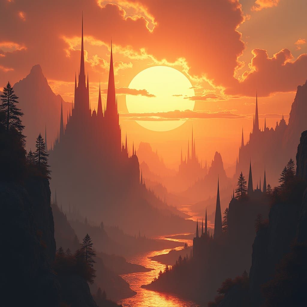 Mystical Cityscape Sunrise in Matte Painting Style