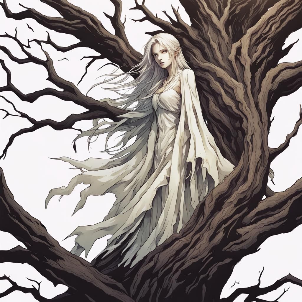 Ghost Woman Emerges from Tree in Fantasy Style