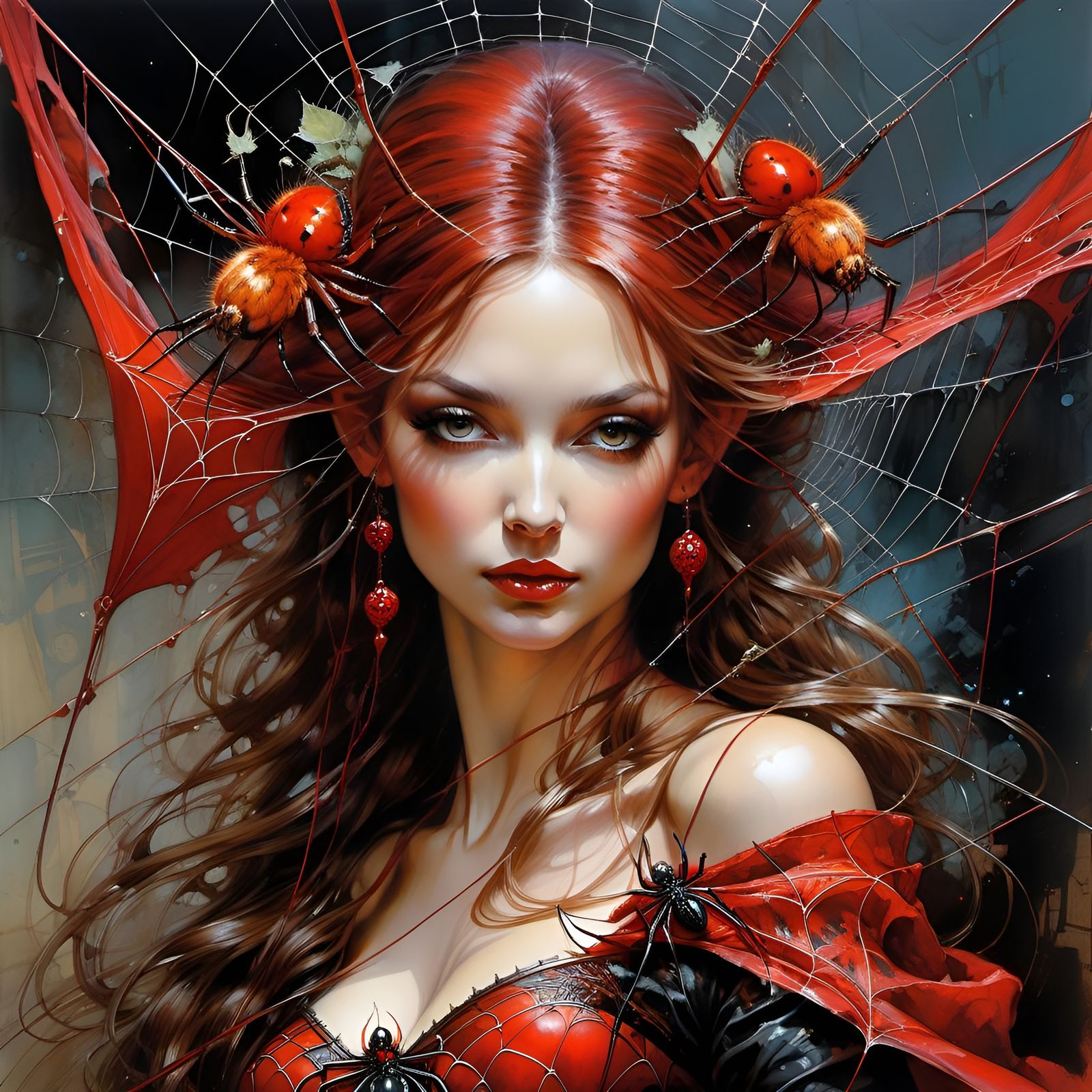 Elegant Red Spiderweb in Whimsical Surreal Style