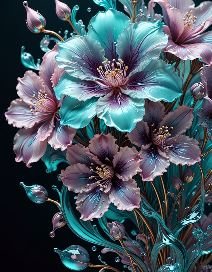 Molten Glass Flowers in Mauve and Cyan