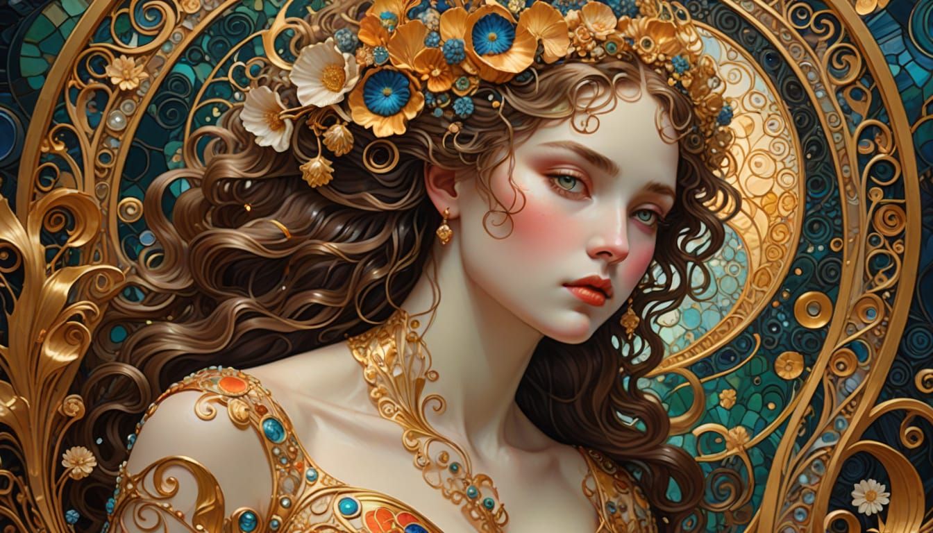 Golden Goddess Emerges from Shell, Gustav Klimt Art Nouveau ...