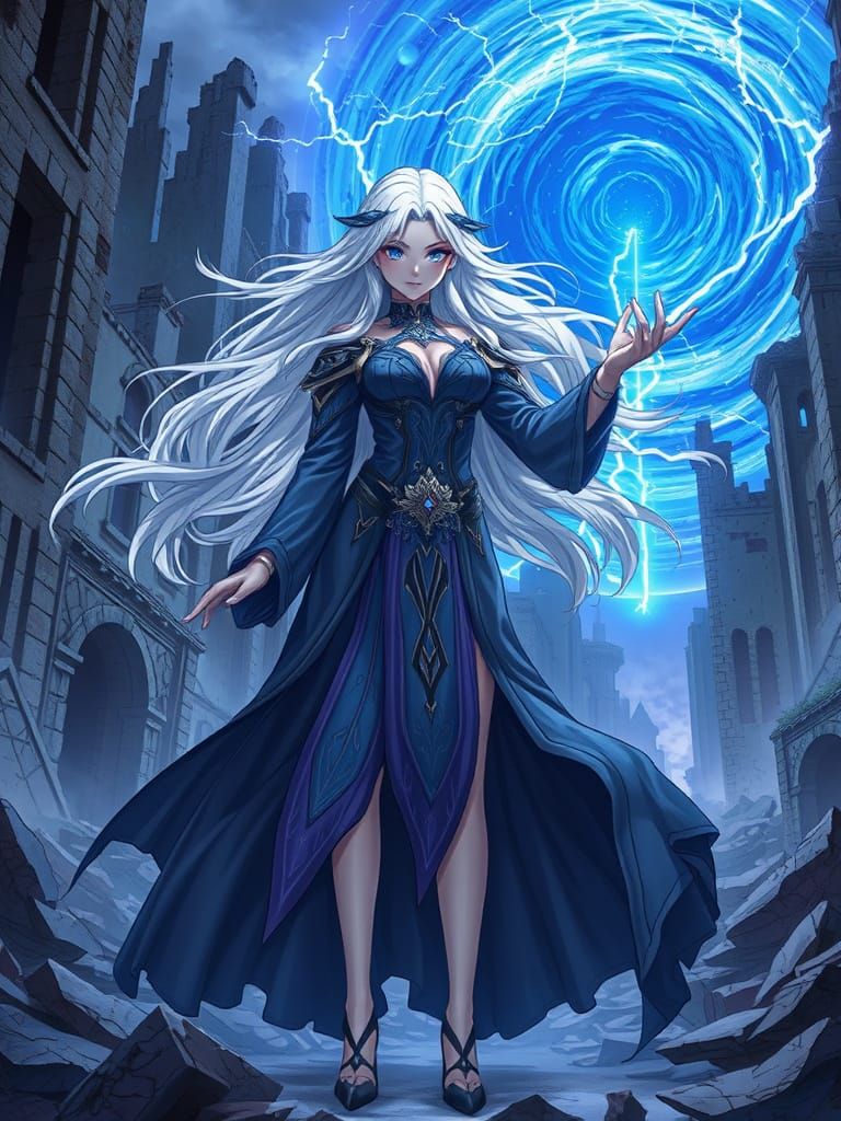 Anime Sorceress Channels Energy in Ruined City