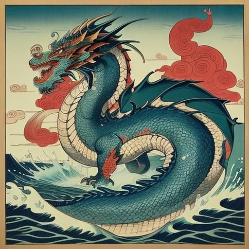 Ao Kuang: Dragon King in Ukiyo-e Style