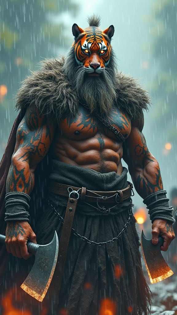 Tiger-Faced Viking Warrior in a Tempestuous Battle