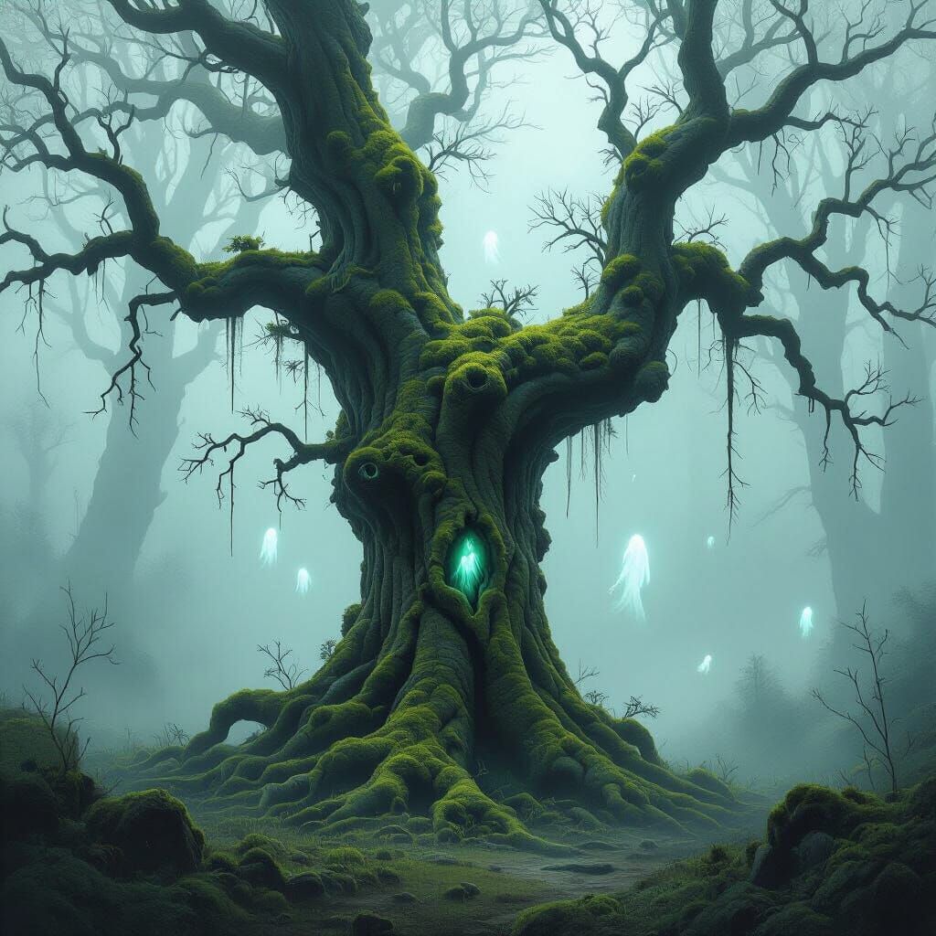 Ancient Porcelain Tree in Misty Dark Fantasy Forest