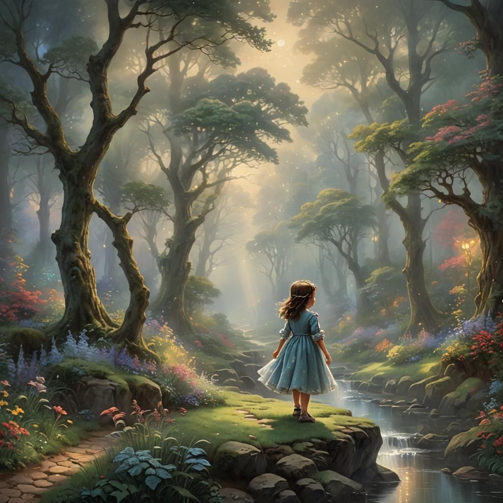 Ethereal Girl Walking in Hyperdetailed Misty Forest