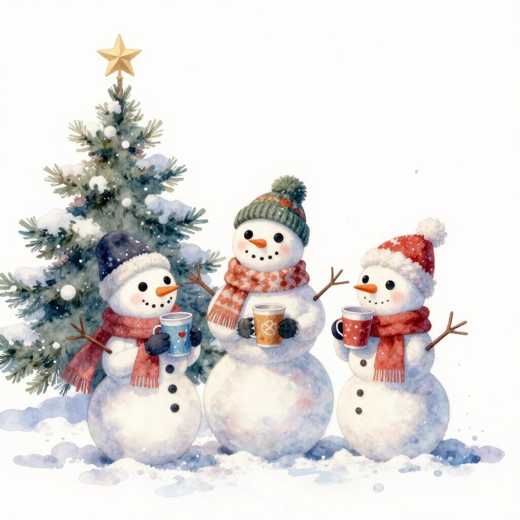 Snowmen Family Enjoying Hot Drinks in Pastel Watercolour Sty...
