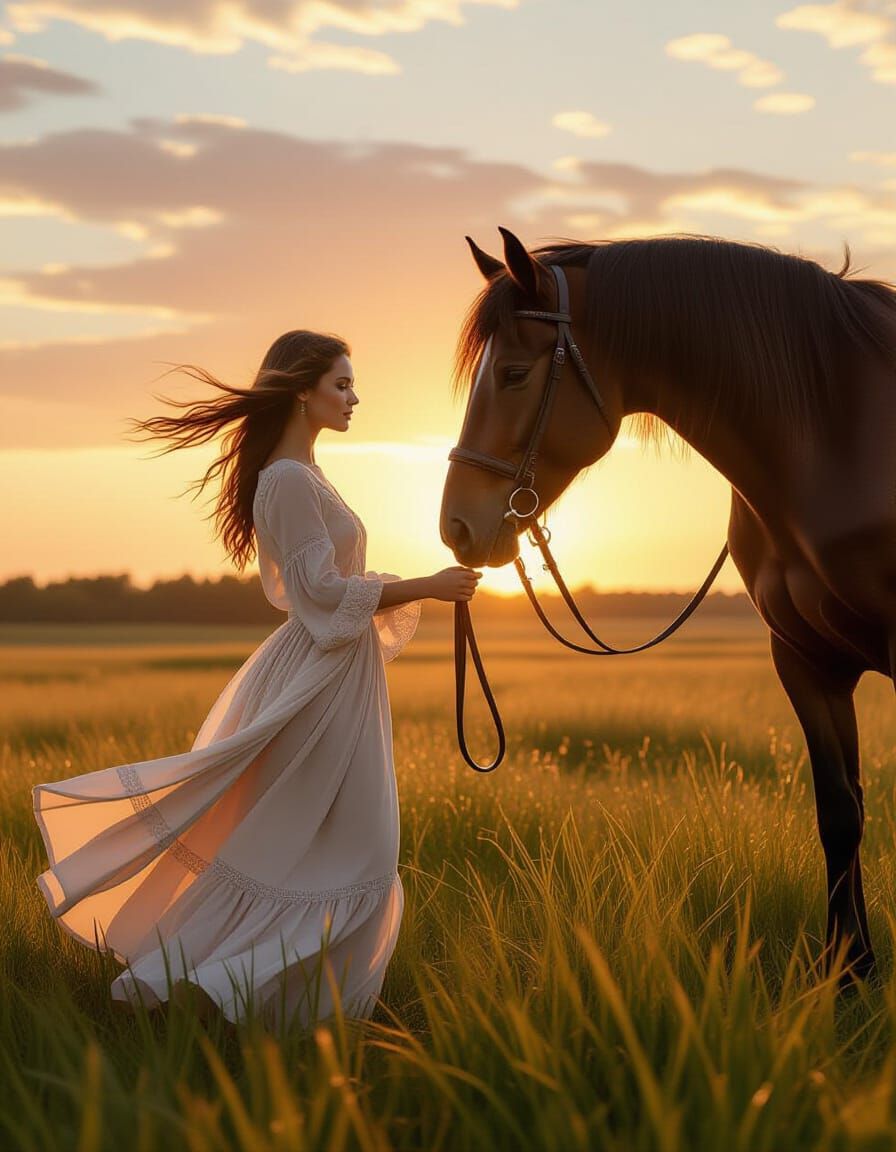 Sunset Serenity: Woman and Horse in Golden Light