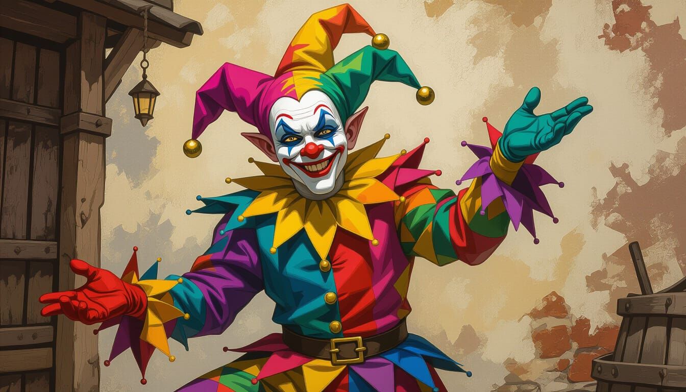 Whimsical Jester in Earthy Setting, Digital Illustration