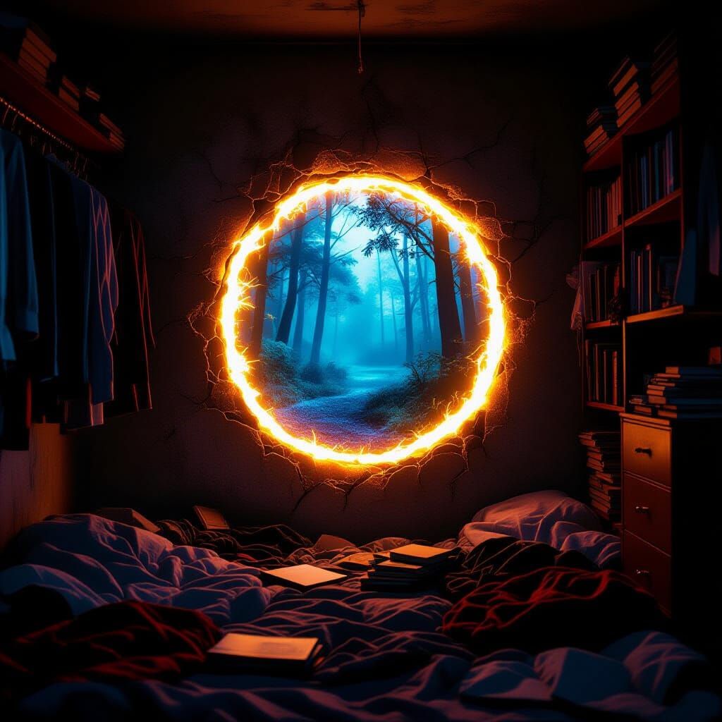 Mystical Forest Portal in a Cluttered Bedroom