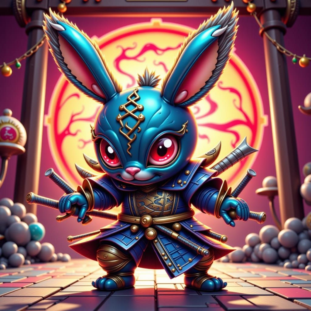 Cartoon Bunny Samurai in Fantasy Dojo, Playful Surrealism
