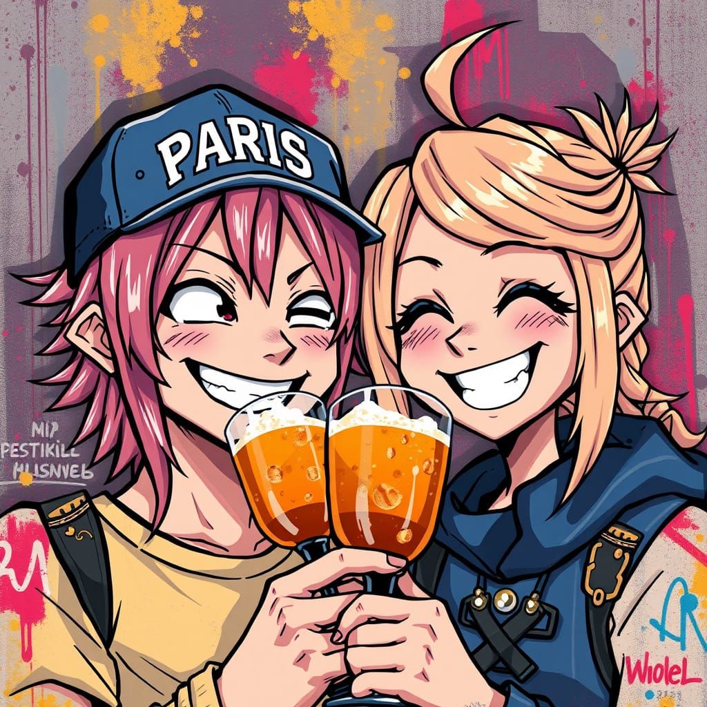 Colorful Caricature of Fairy Tail Heroes Natsu and Lucy