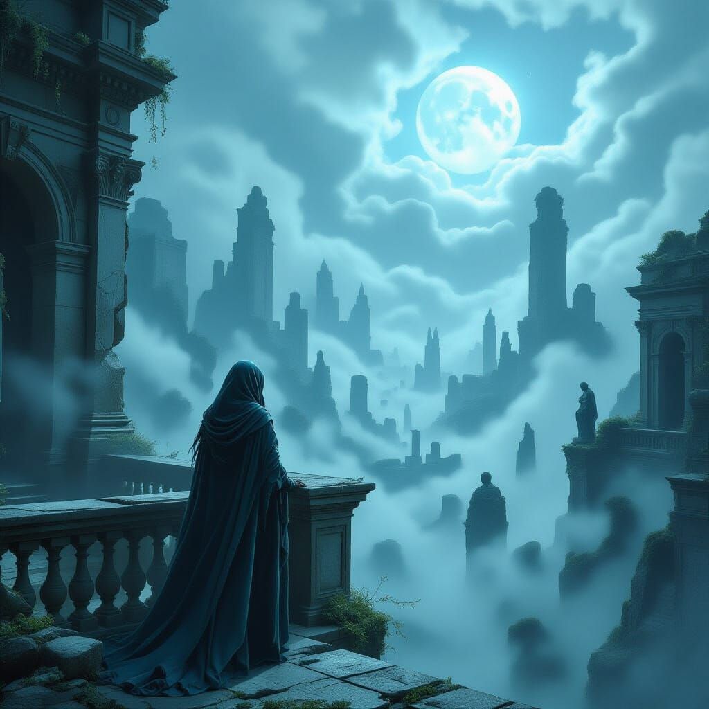 Woman Overlooking Mist-Covered City, Dark Fantasy Matte Pain...