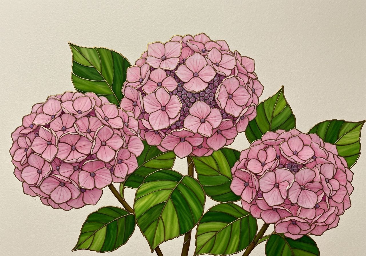 Pink Hydrangeas Stained Glass Art with Gold Accents