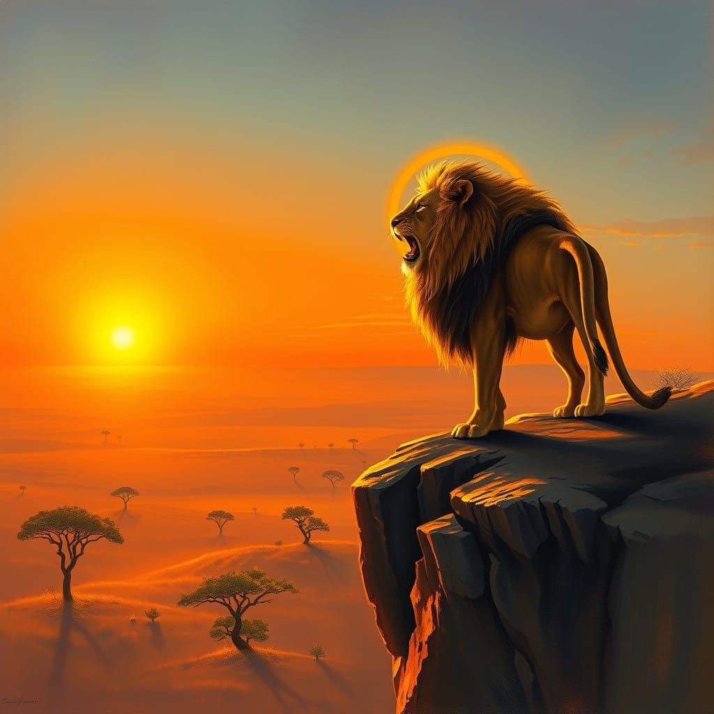 Majestic Lion Roars at Sunset on the African Savanna