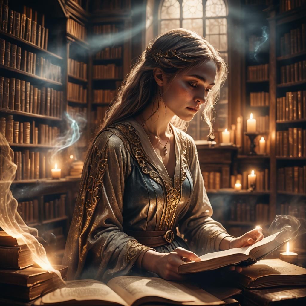 Ethereal Ghost Woman Reading in Ancient Library
