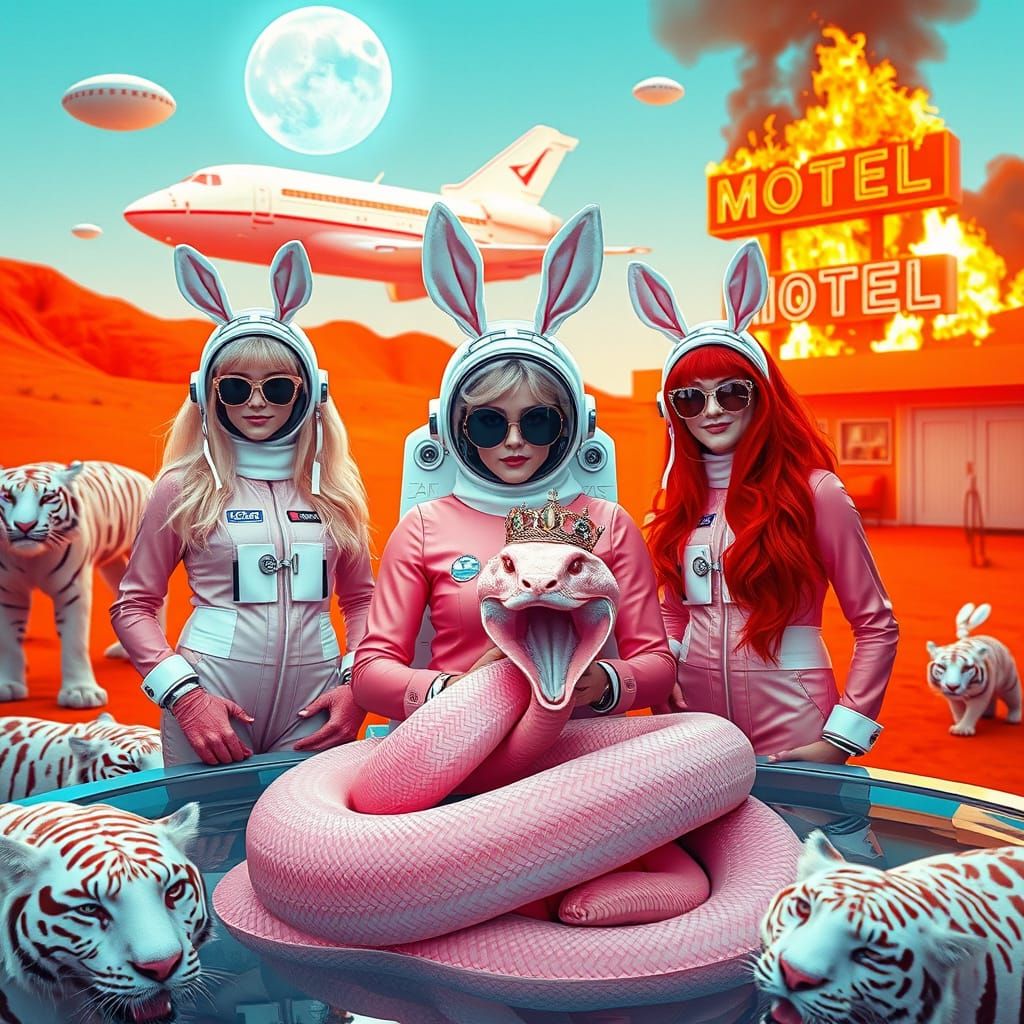 Futuristic Desert Scene with Astronauts and Tigers