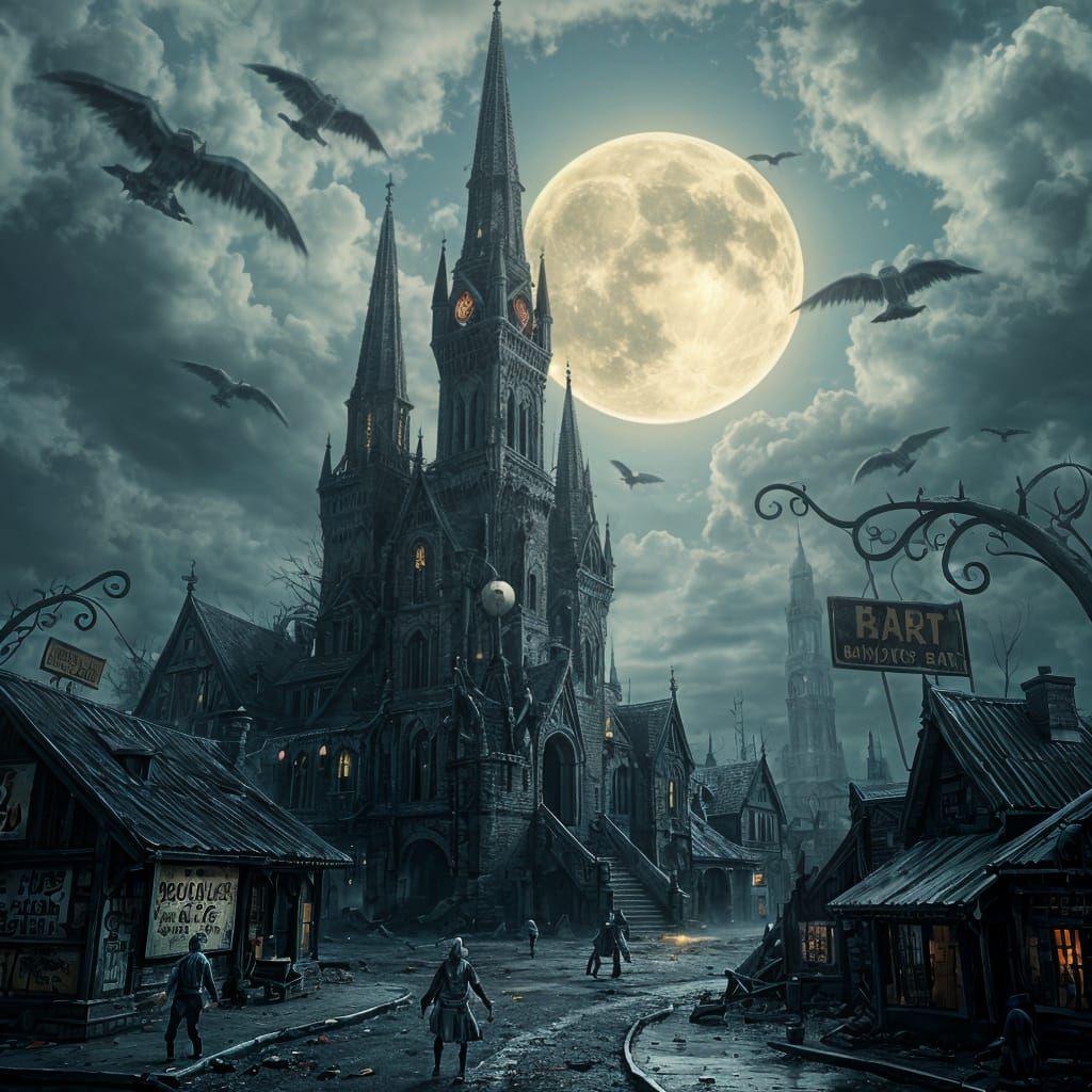 Haunted Mansion with Eyeballs in Ruined Village