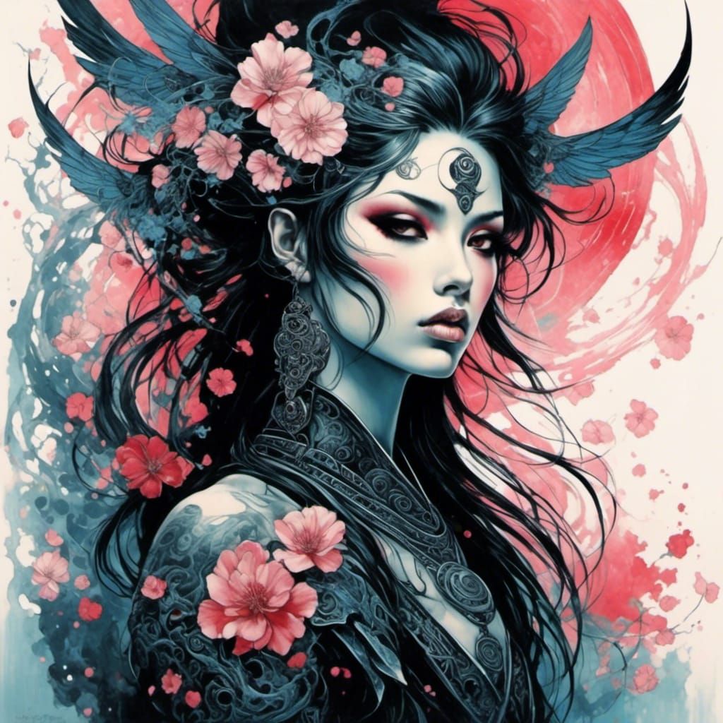 Gothic Anime Goddess with Cosmic Sakura Samurai Elements