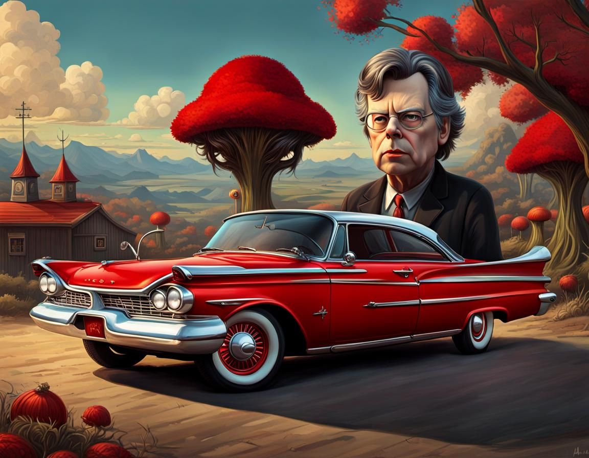 Chibi Stephen King with 1958 Fury in Decopunk Style