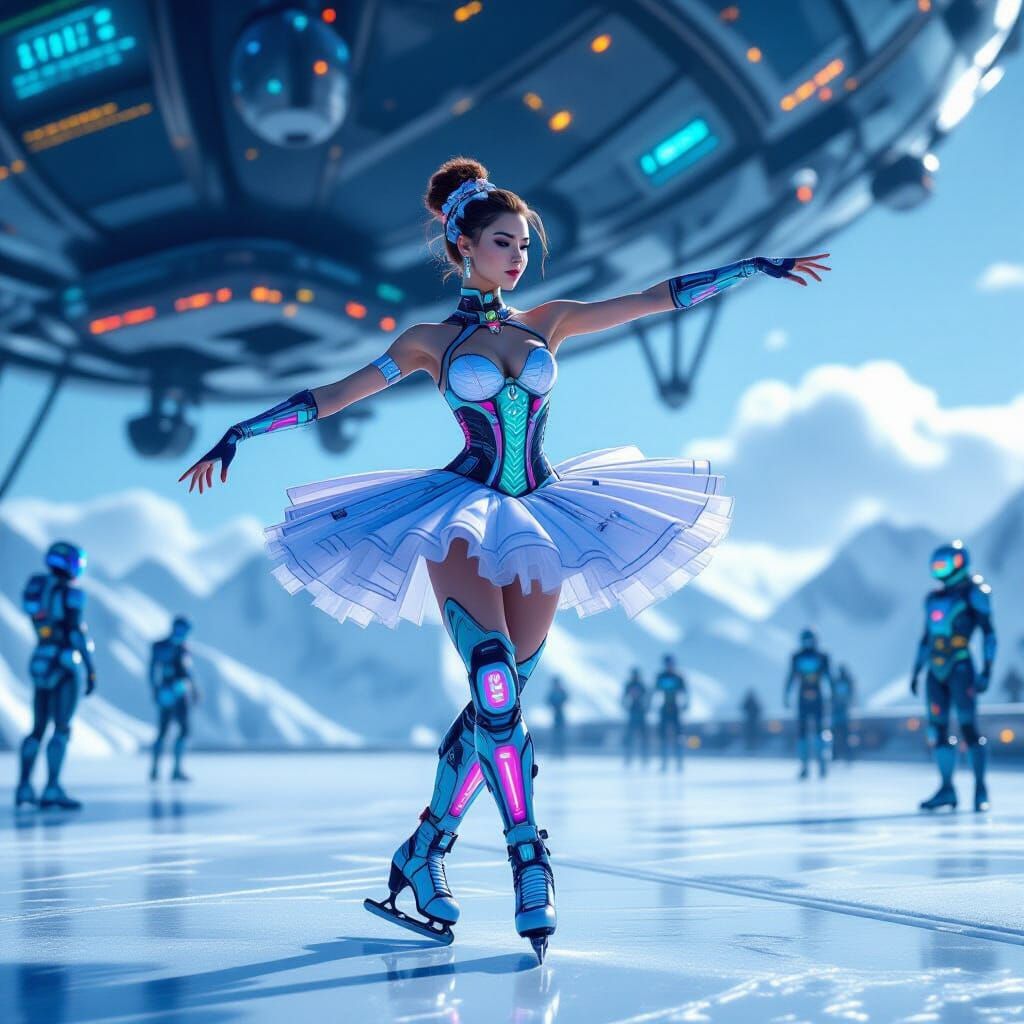 Cyber Ballerina Dancing in Airship with Cyborgs
