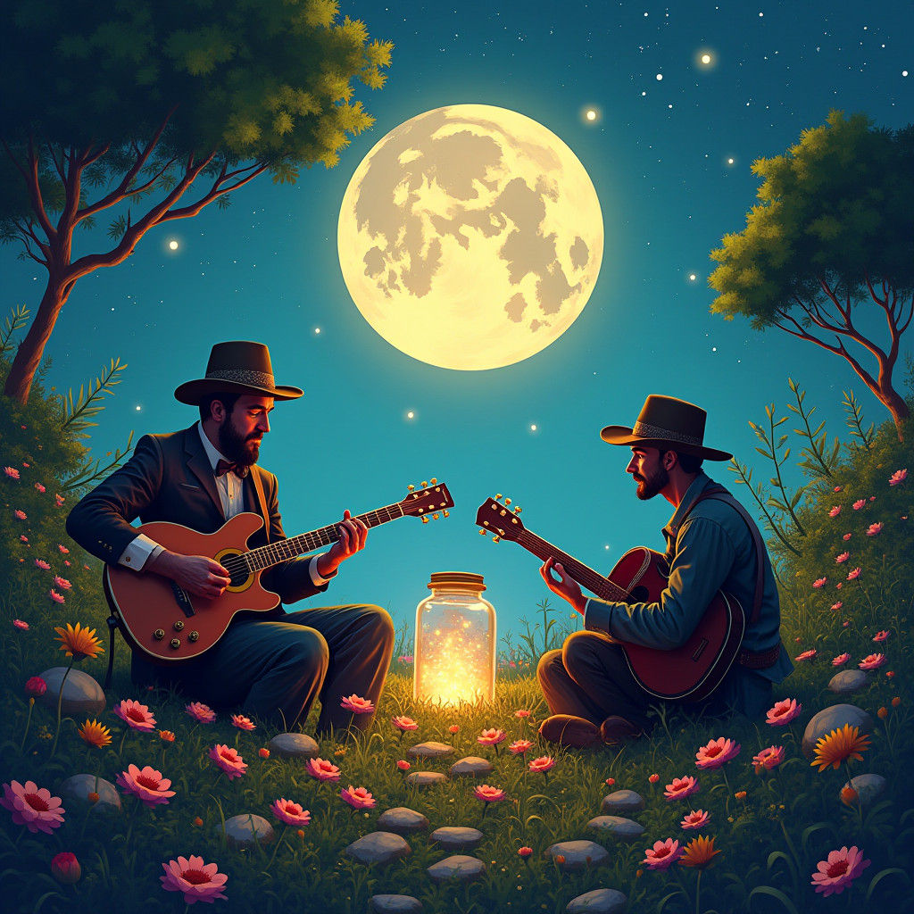 Musicians Sharing Glowing Jar in Moonlit Forest