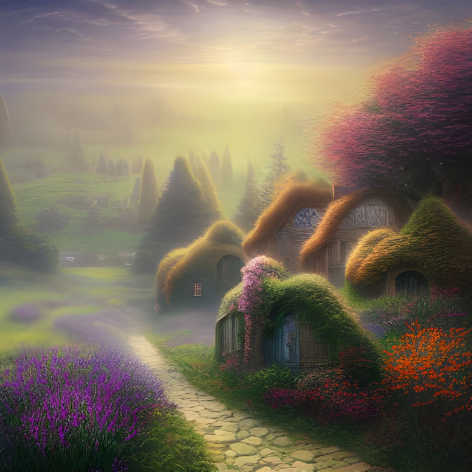 Detailed Hobbit Homes in Ethereal Fantasy Landscape