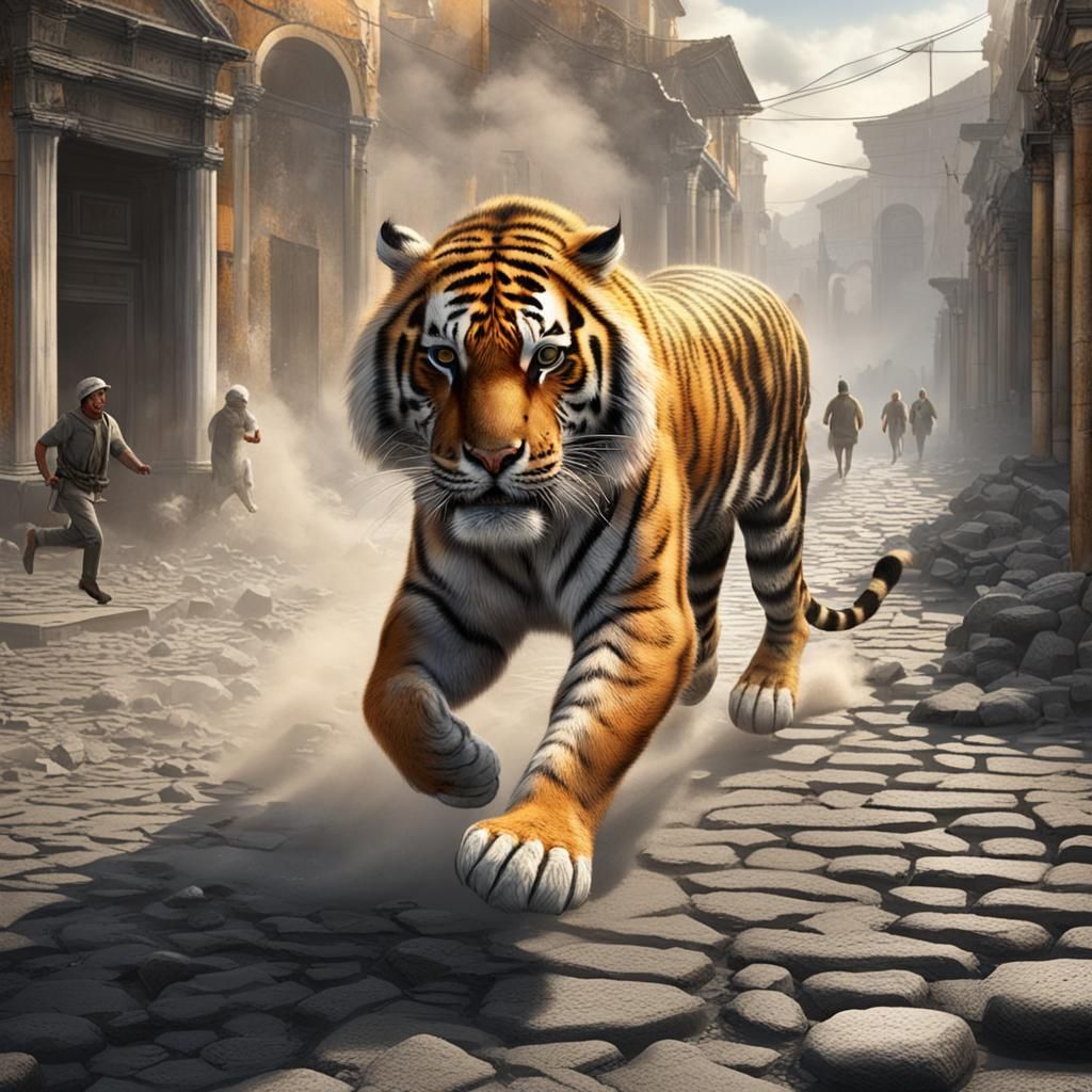 Tiger in Pompeii During Volcanic Eruption