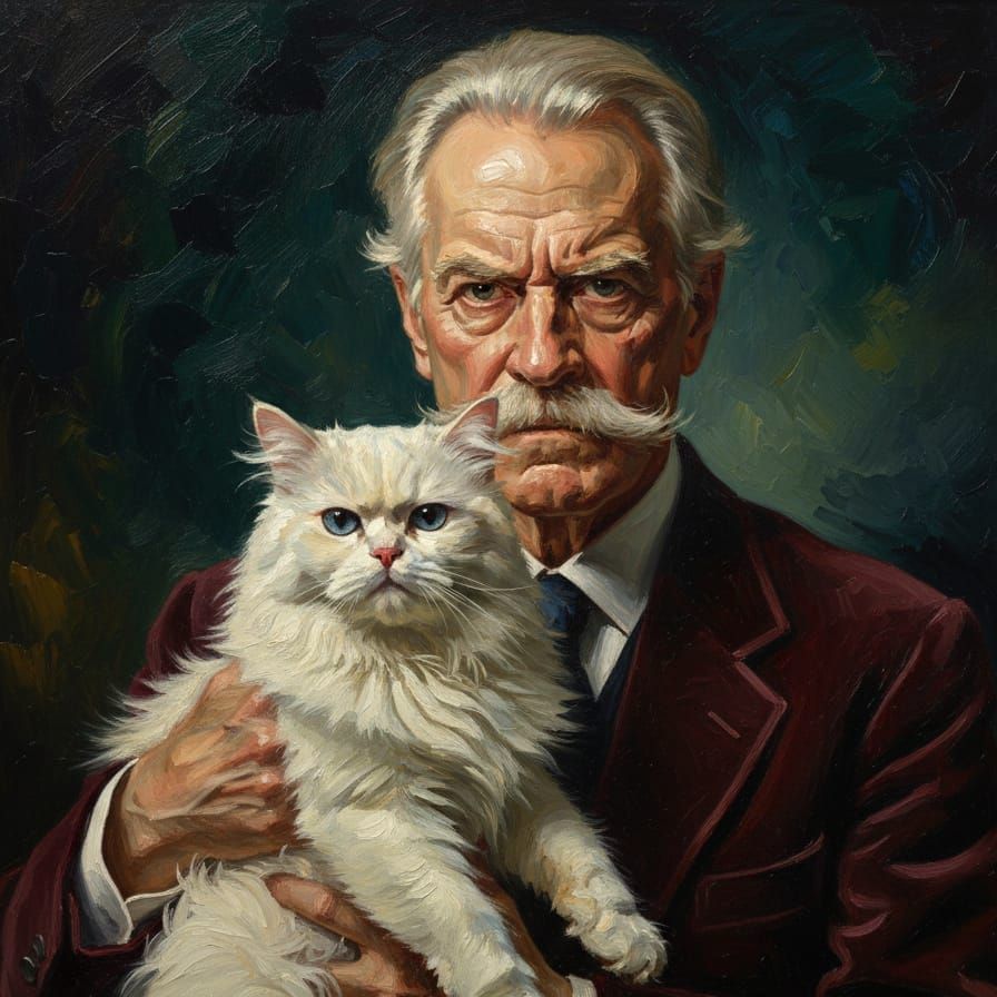 Snooty Old Man and Persian Cat Oil Portrait