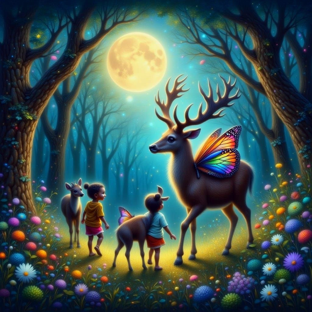 Magical Deer Guiding Children in Moonlit Forest