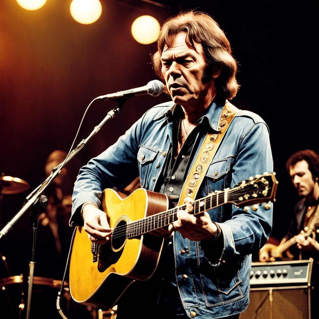 Folk Rock Icon in Dimly Lit Music Venue