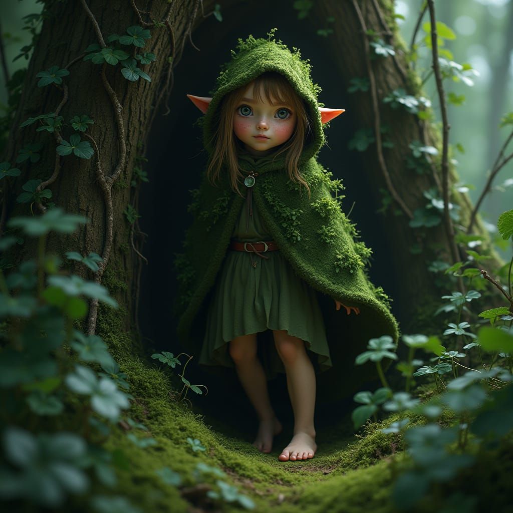 Forest Elf Emerges from Foliage in Dreamy Style