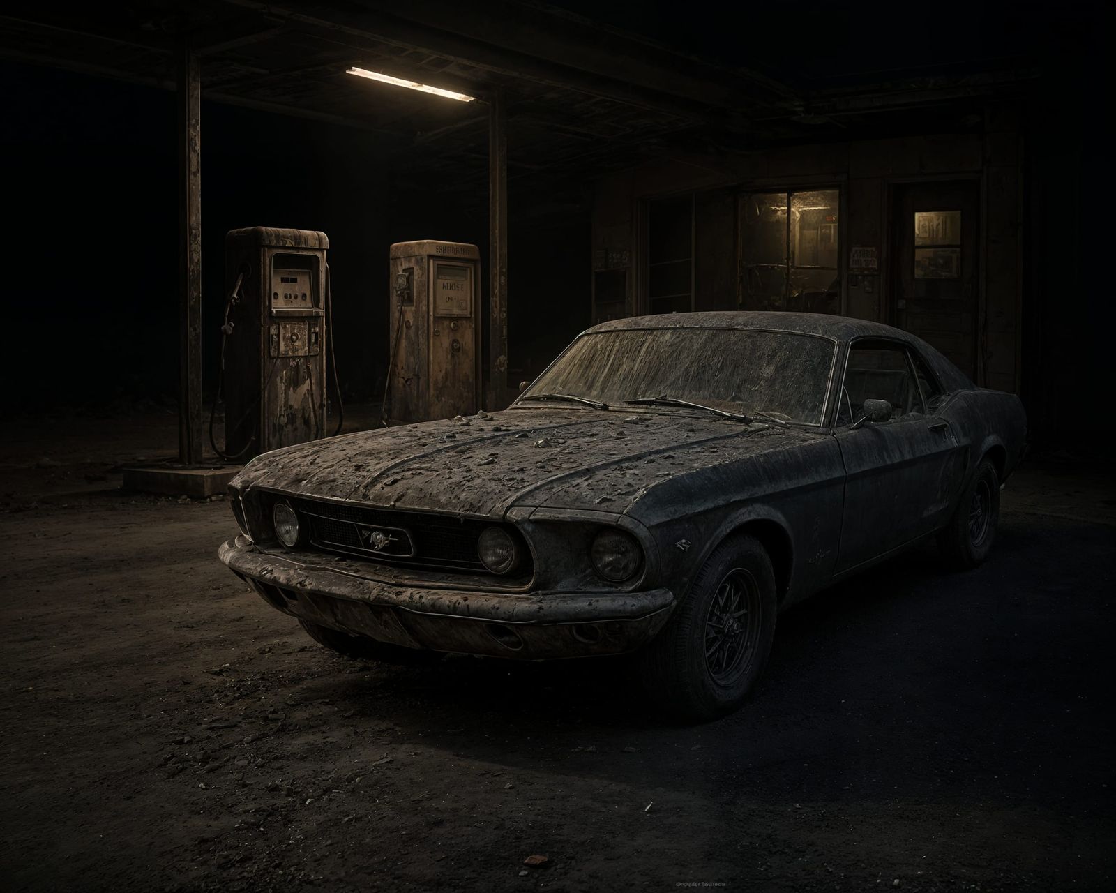 Dilapidated 1969 Ford Mustang in Dusty Gas Station Lot