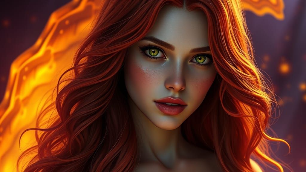 Dark Fantasy Woman with Red Hair and Green Eyes