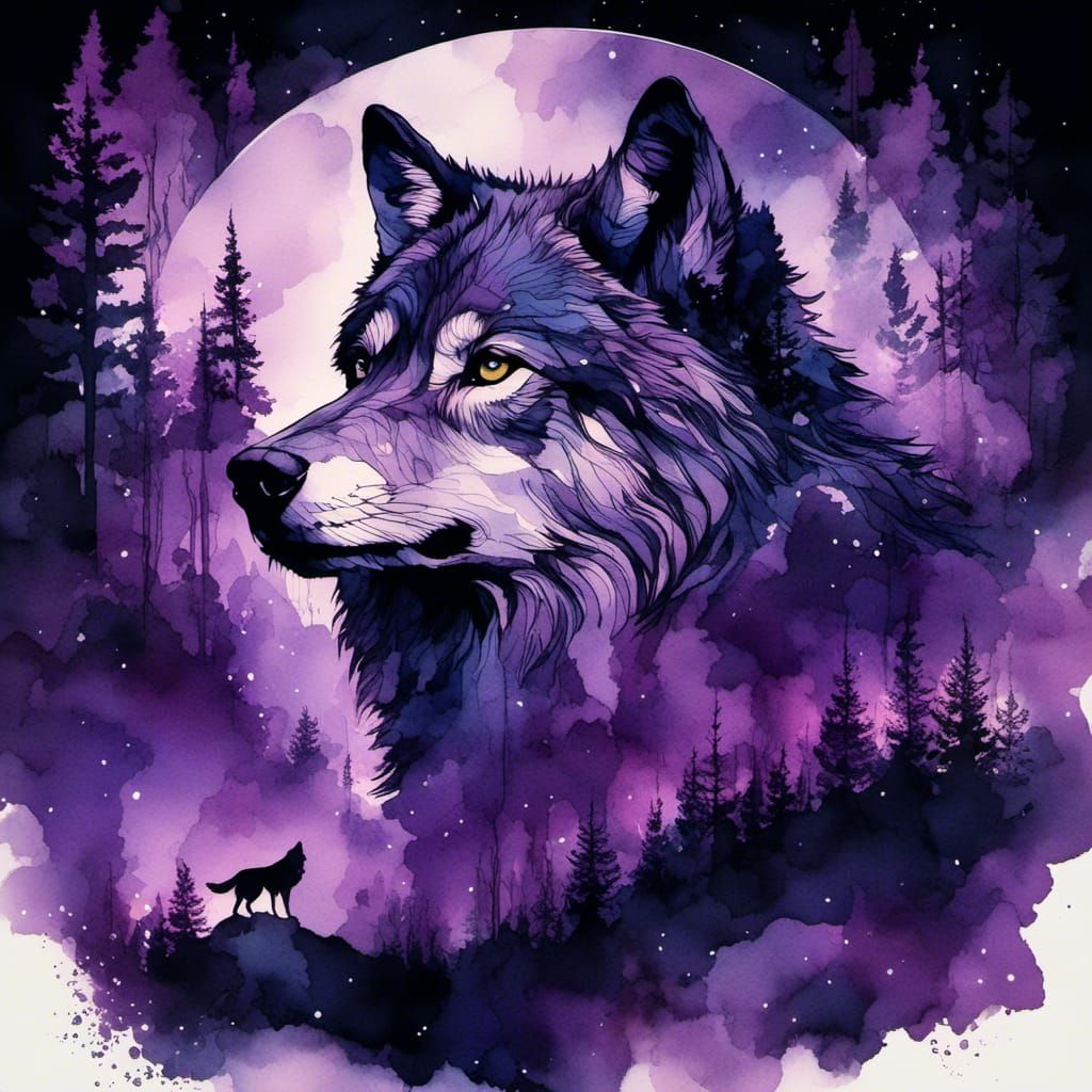 Wolf Double Exposure with Purple Forest Scenes