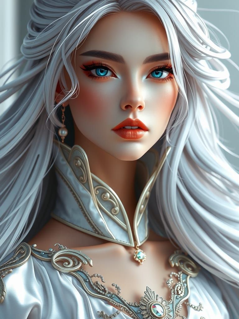 Elegant Woman with Silver Hair: Hyper-Realistic 3D Art