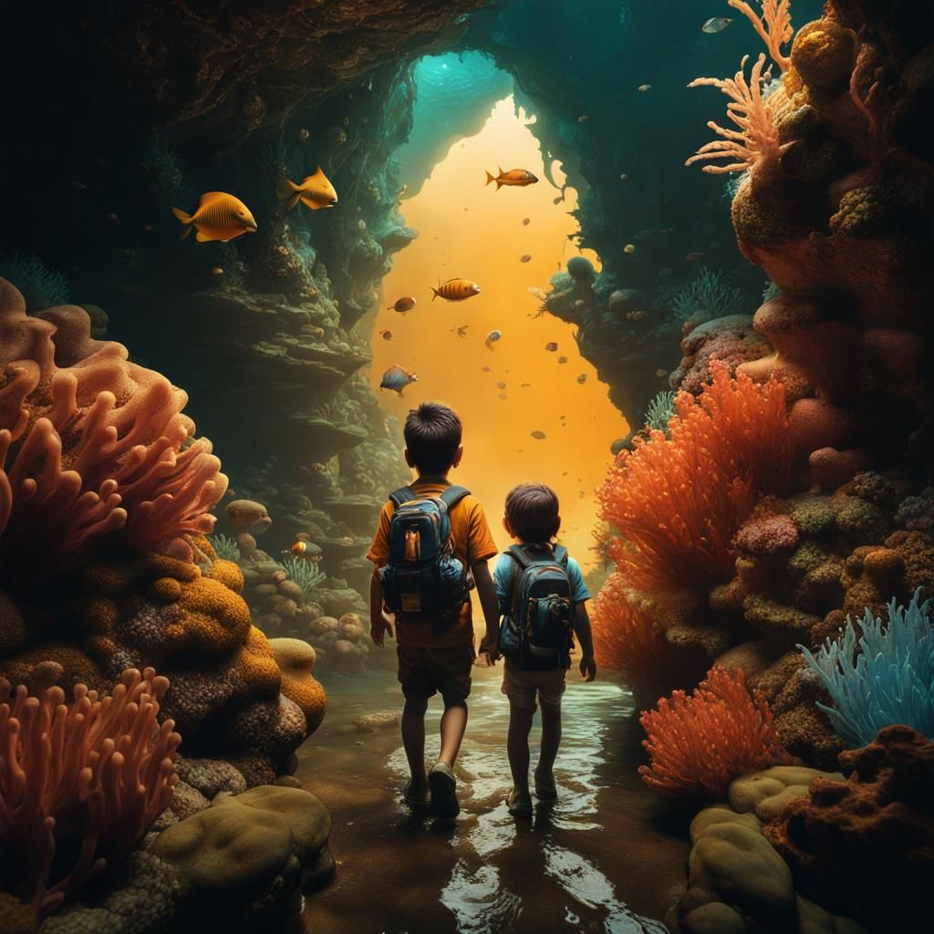 Children's Underwater Cave Discovery in Photorealistic Style