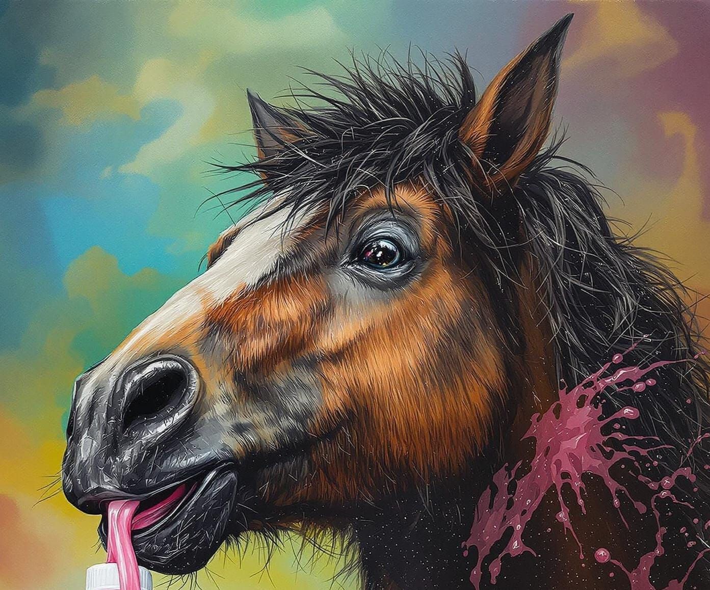 Hairy Horse Struggles with Lotion Bottle in Whimsical Double...