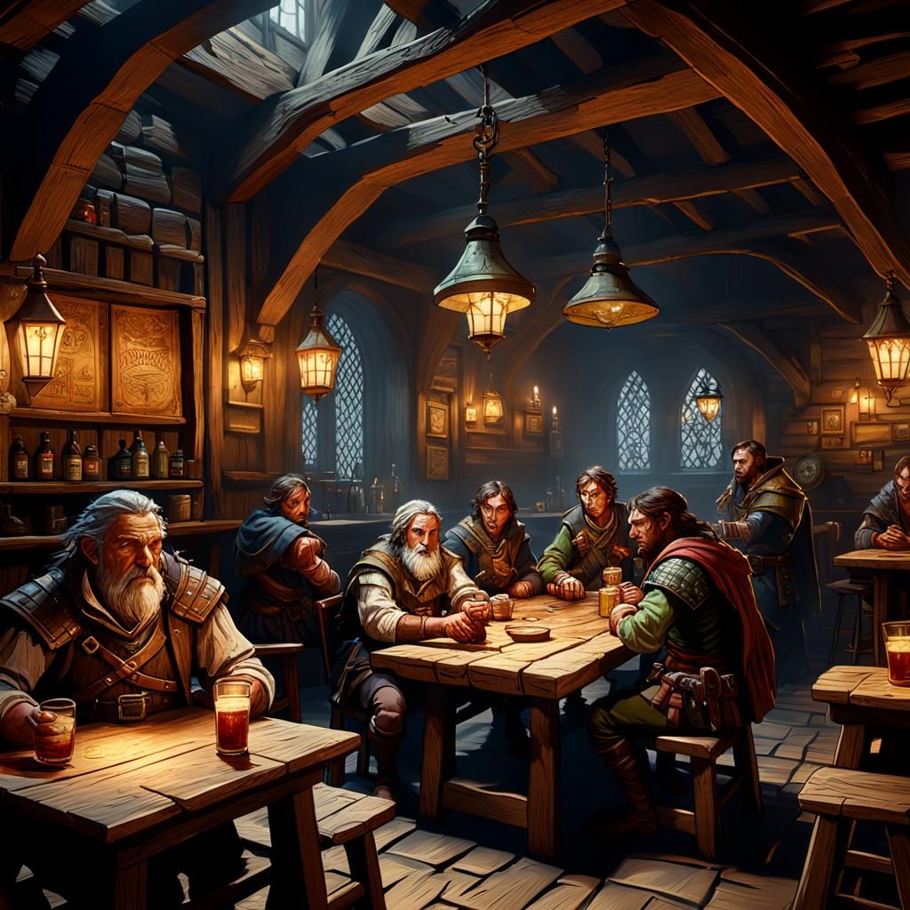 Tavern Scene Concept Art in Woodcut Style