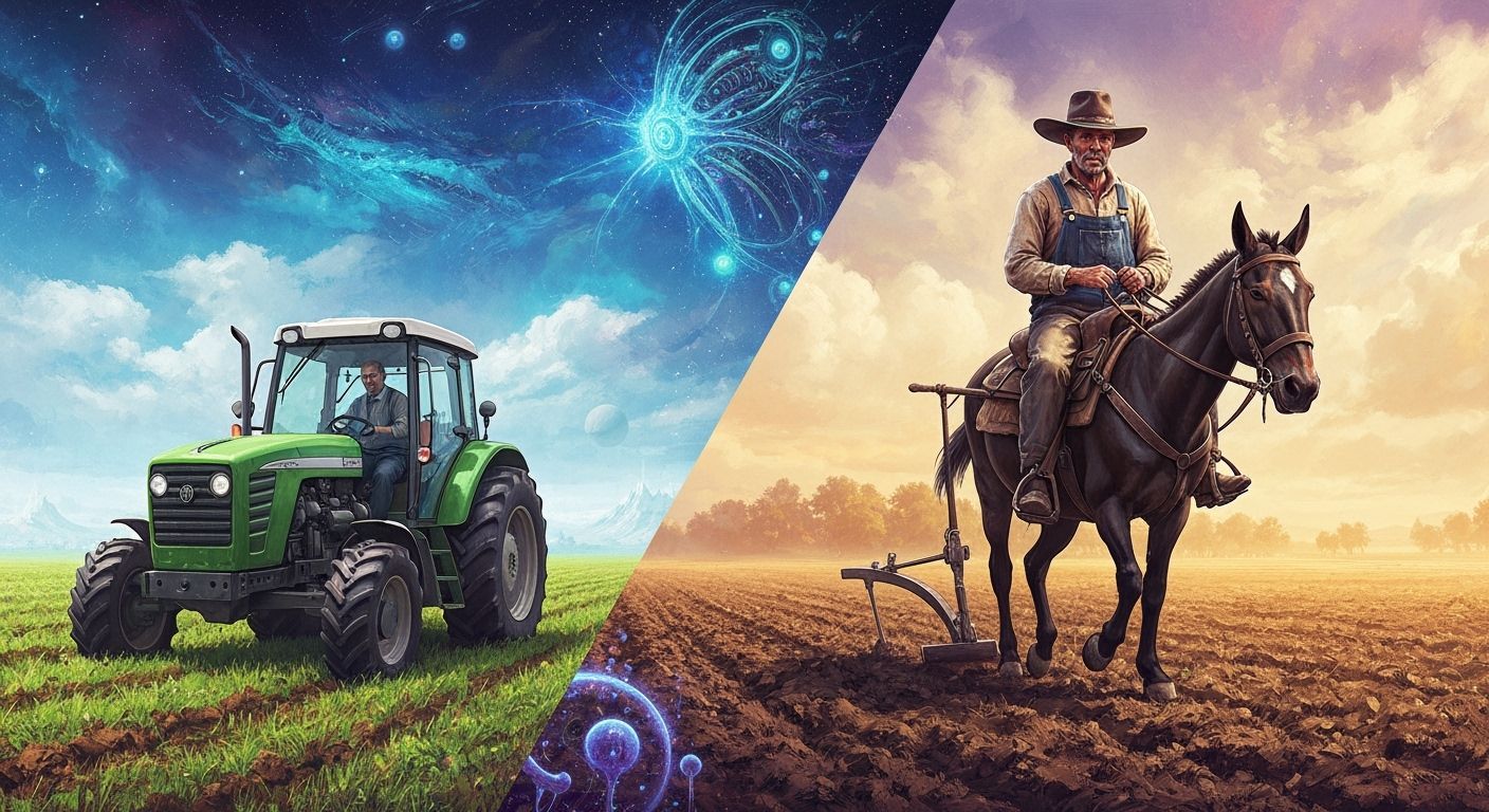 Old West vs New Age Farming: Mule Plows Beside Tractor