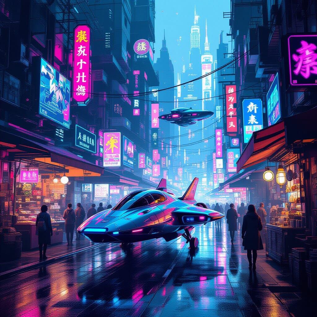 Neon Cyberpunk Metropolis Marketplace with Alien Vendors